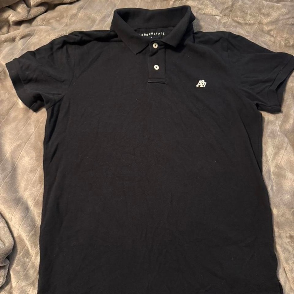 Aeropostale Mens A87‎ Logo Pique Polo Shirt Black Short Sleeve Large